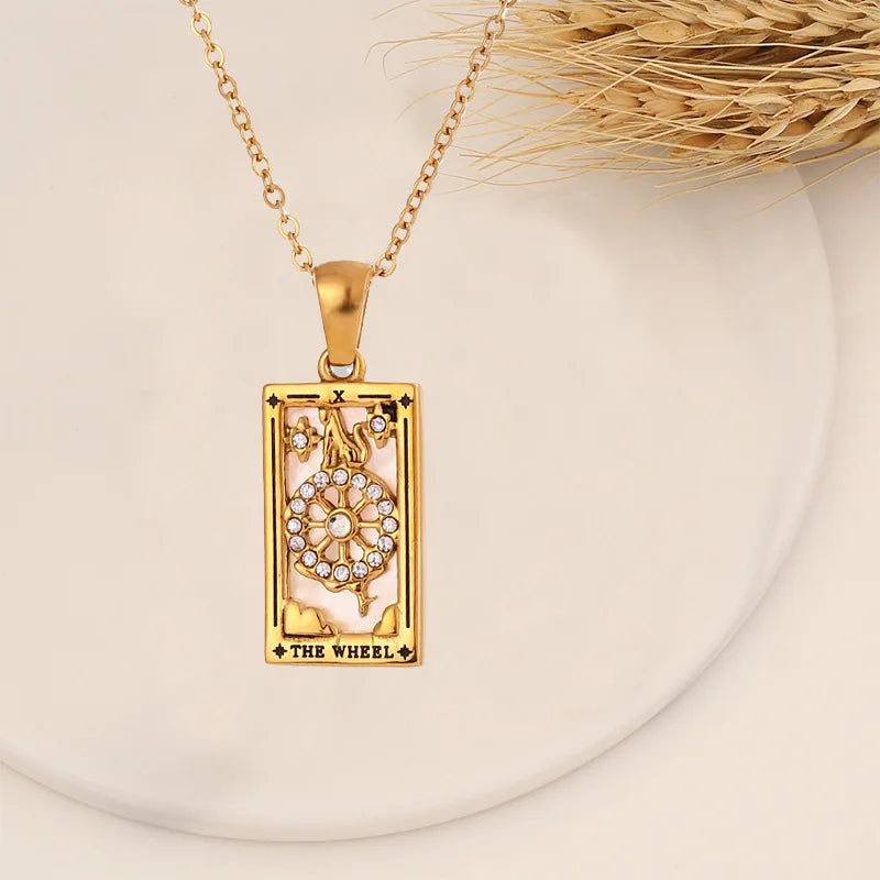 Colar Carta de Tarô Zircônia Aço Inoxidável Dourado