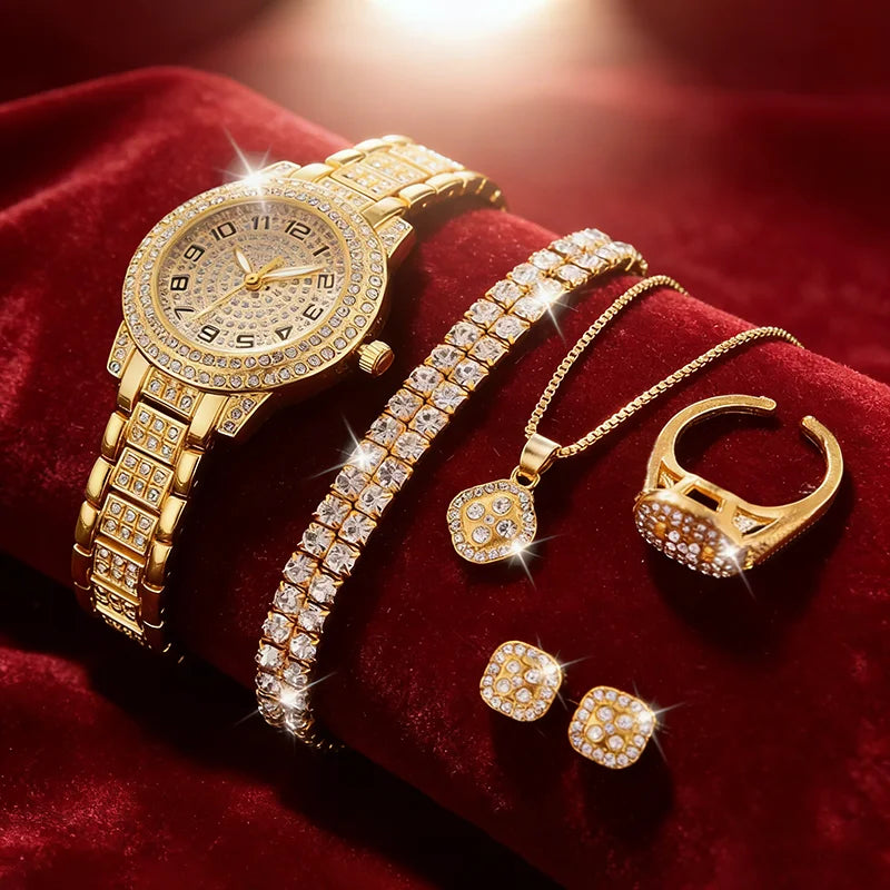Kit Relógio Feminino Dourado com Pulseira e Acessórios