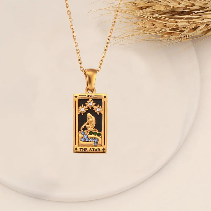 Colar Carta de Tarô Zircônia Aço Inoxidável Dourado
