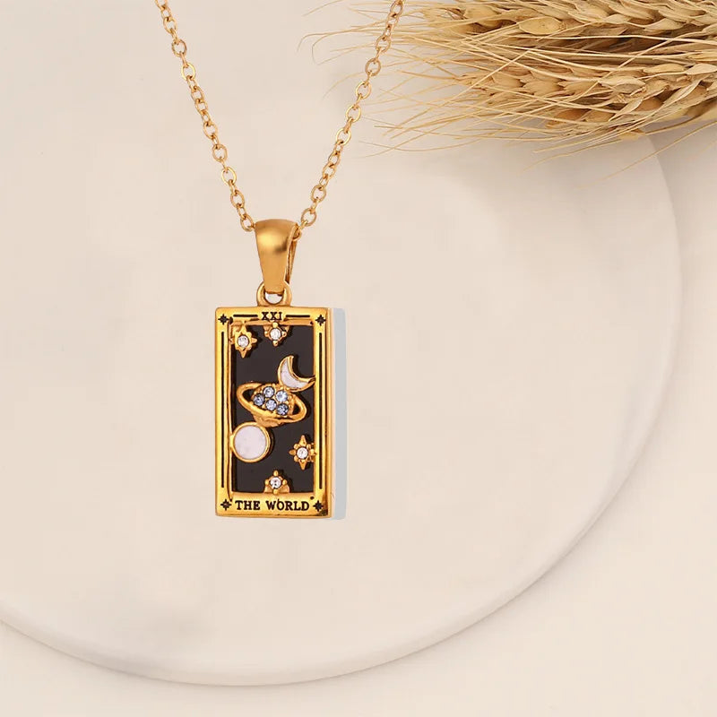 Colar Carta de Tarô Zircônia Aço Inoxidável Dourado