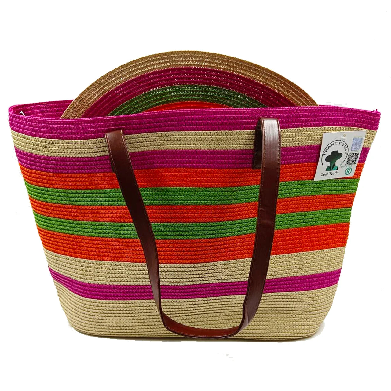 Conjunto de Bolsa e Chapéu de Palha Listrado Colorido Moda Praia