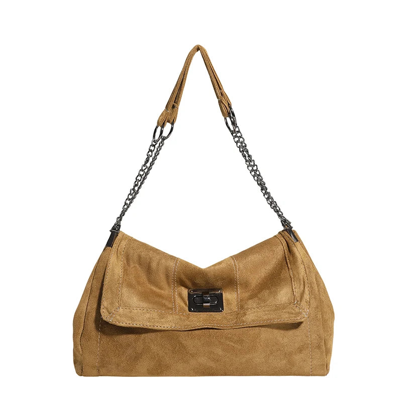 Bolsa Hobo Camurça com Corrente Prateada Grande Capacidade
