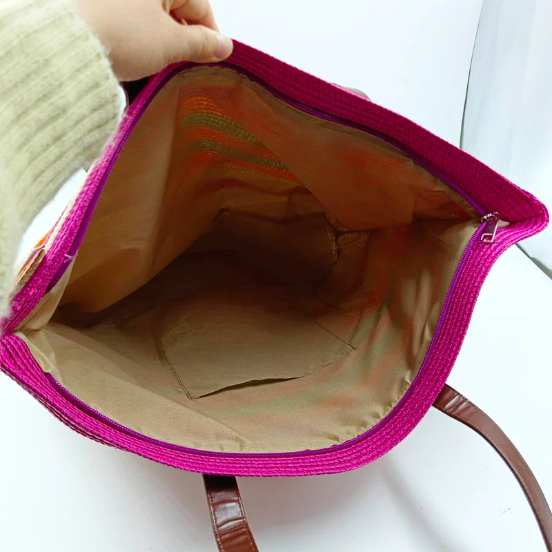 Conjunto de Bolsa e Chapéu de Palha Listrado Colorido Moda Praia