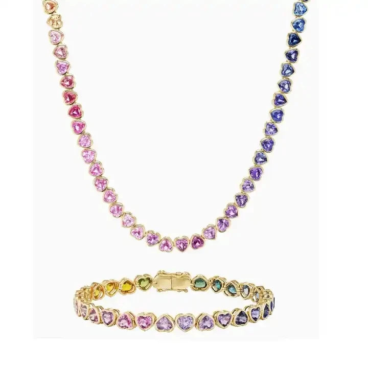 Colar, Pulseira ou Conjunto Riviera de Coração Colorido Zircônia