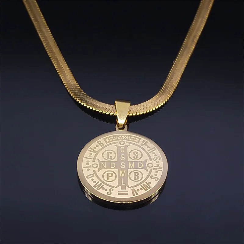 Colar Corrente com Pingente de Medalhão de São Bento em Aço Inoxidável