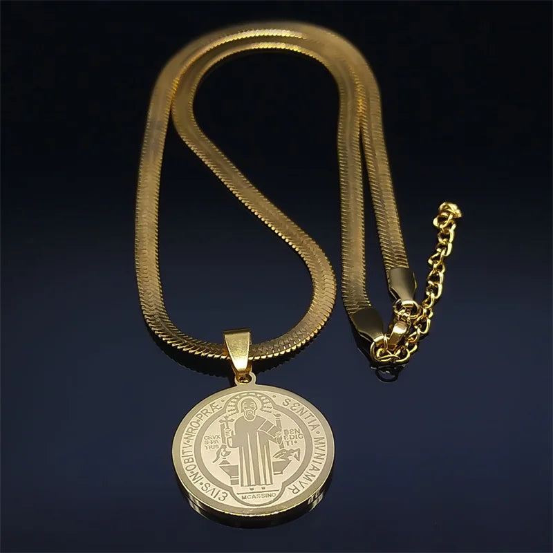 Colar Corrente com Pingente de Medalhão de São Bento em Aço Inoxidável