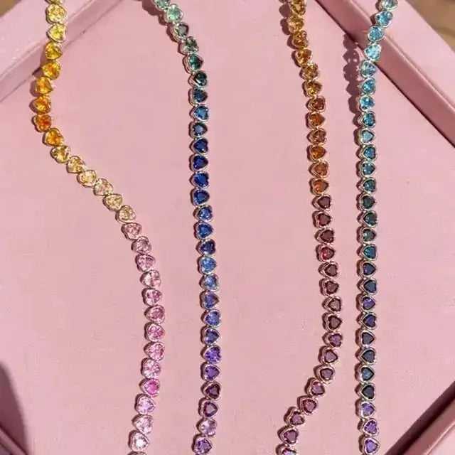 Colar, Pulseira ou Conjunto Riviera de Coração Colorido Zircônia