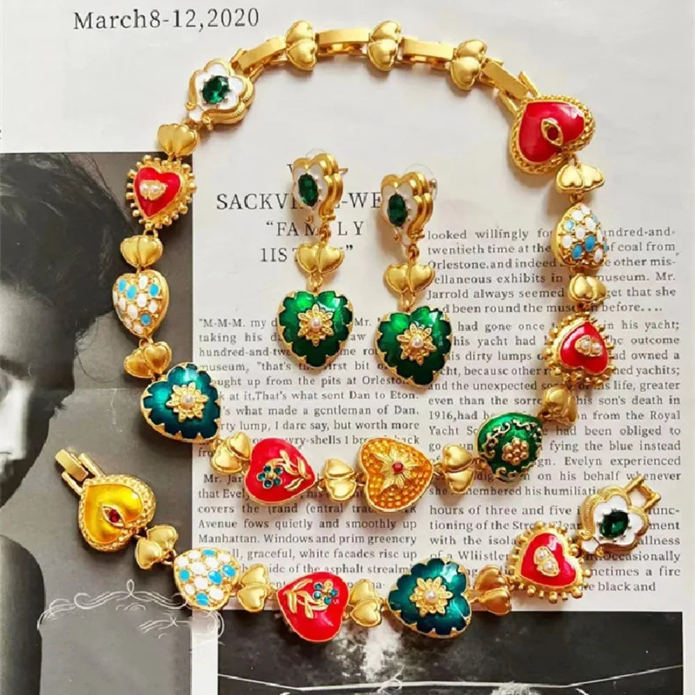 Conjunto de Joias Retrô Floral Coração Colorido