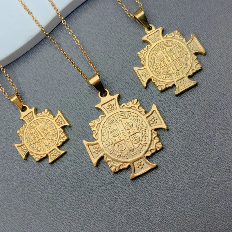 Colar Corrente e Pingente com Cruz e Medalha de São Bento em Aço Inoxidável
