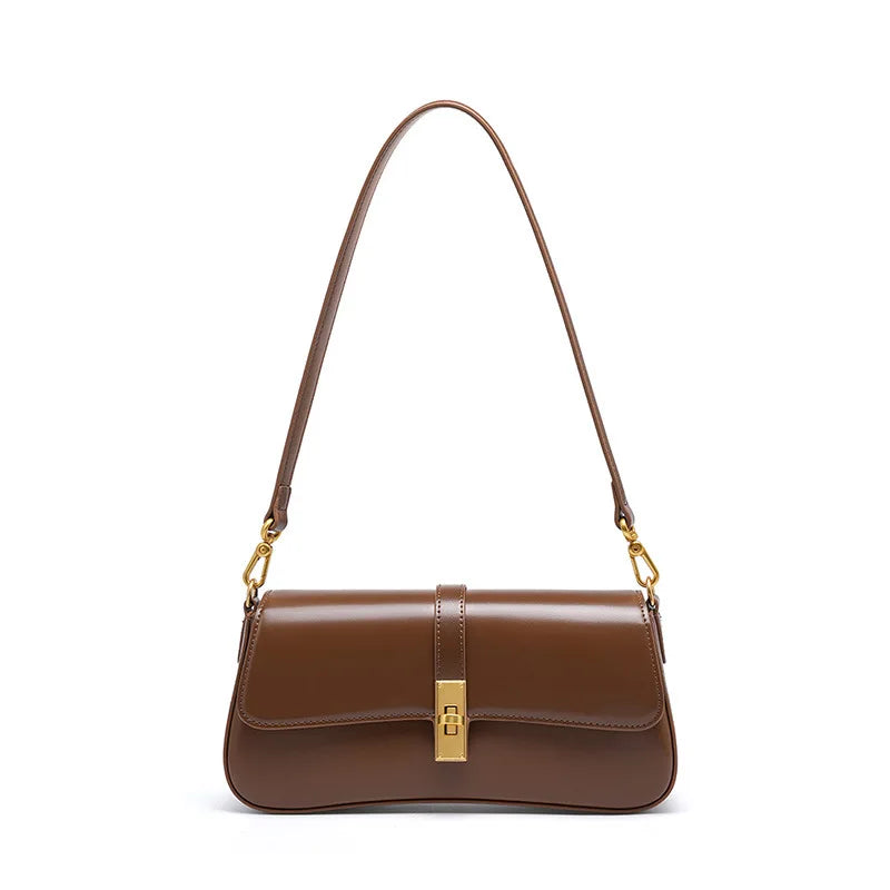 Bolsa Shoulder Couro Legítimo com Fecho Dourado Estilo Clássico