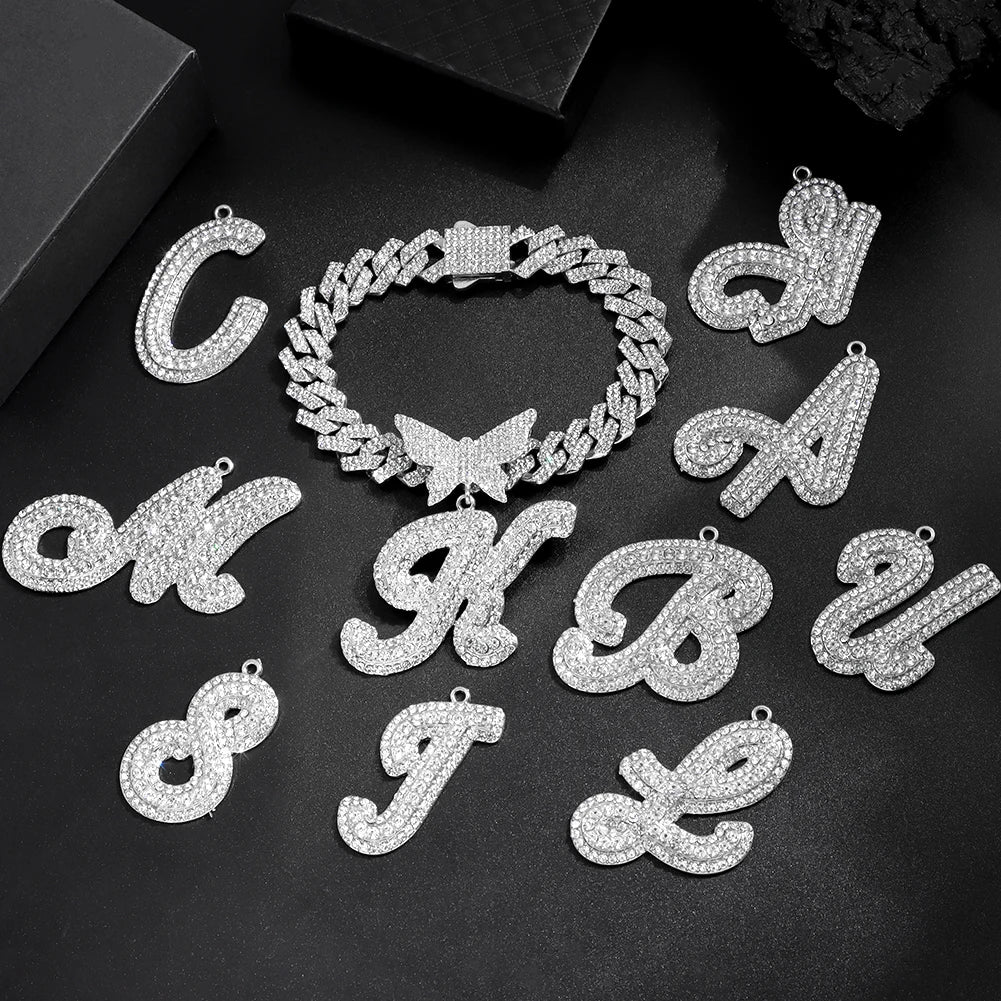 Conjunto Pulseira e Corrente Monograma de Borboleta com Inicial Letras  de A a Z Modelo Miami Iced Glam