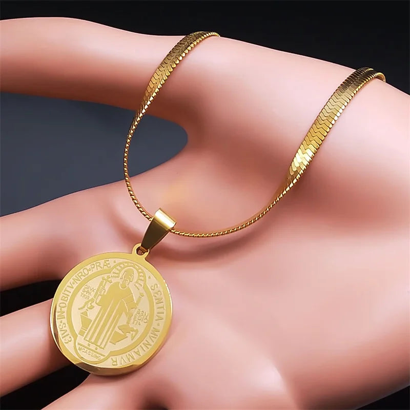 Colar Corrente com Pingente de Medalhão de São Bento em Aço Inoxidável