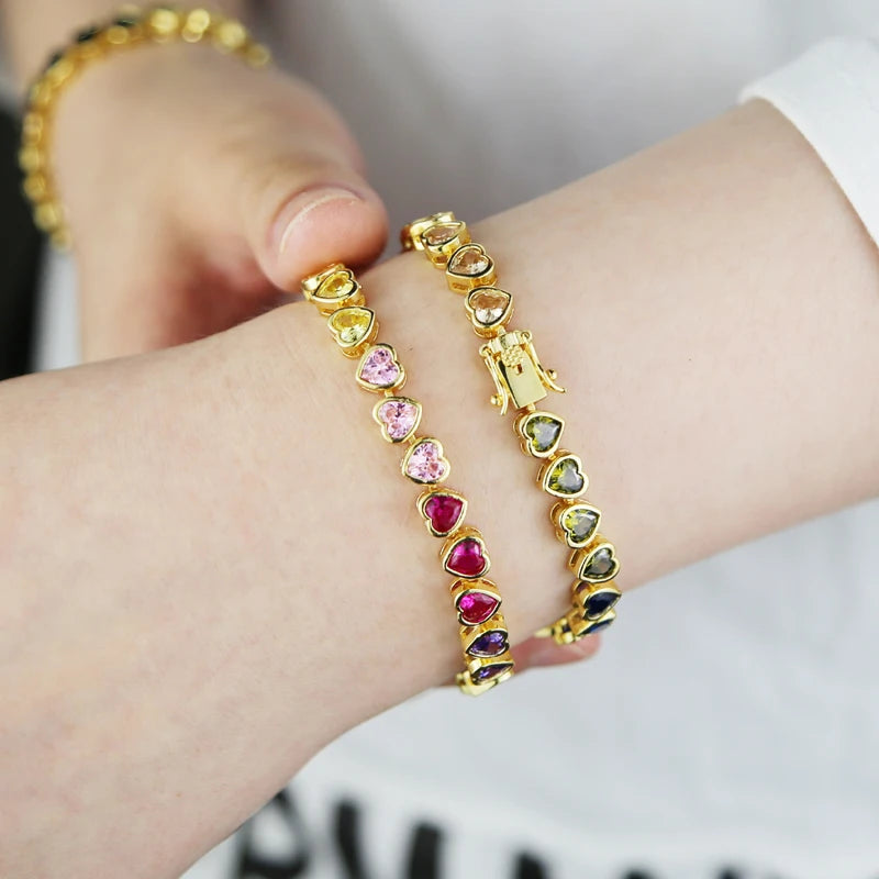 Colar, Pulseira ou Conjunto Riviera de Coração Colorido Zircônia