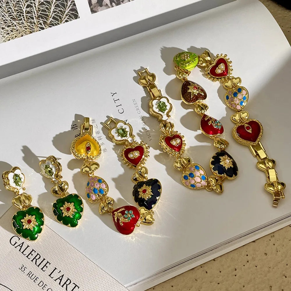 Conjunto de Joias Retrô Floral Coração Colorido