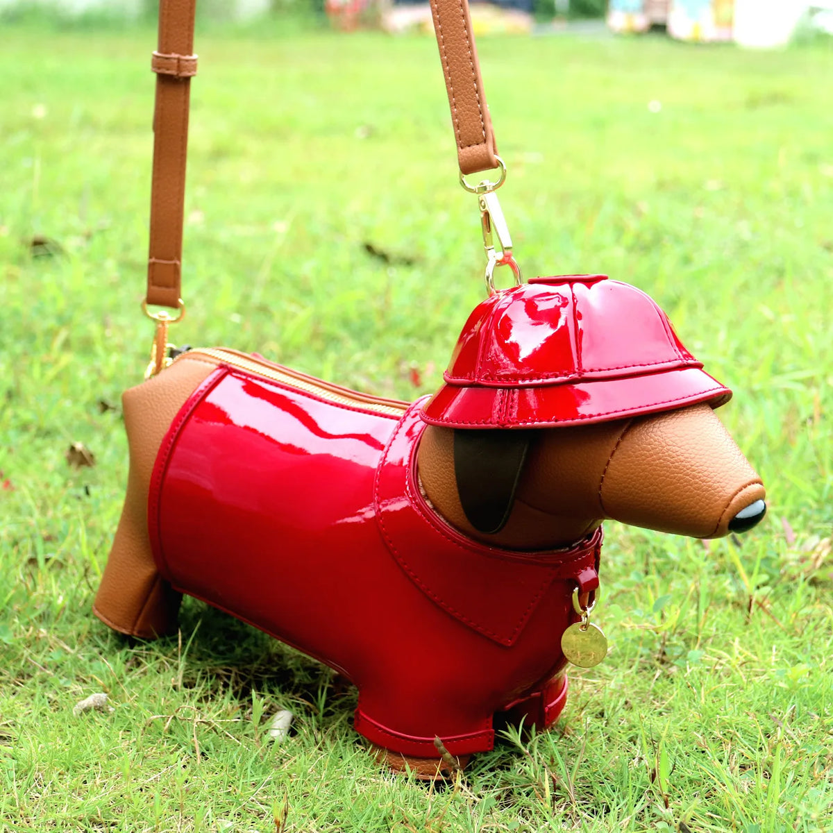 Bolsa Dachshund 3D com Chapéu em Couro PU