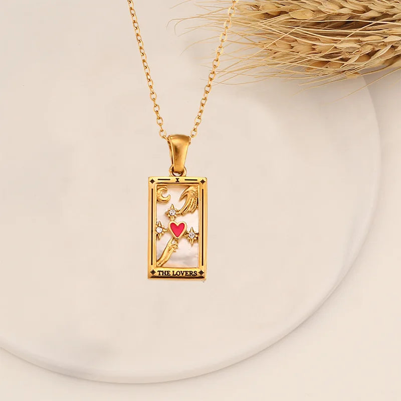 Colar Carta de Tarô Zircônia Aço Inoxidável Dourado