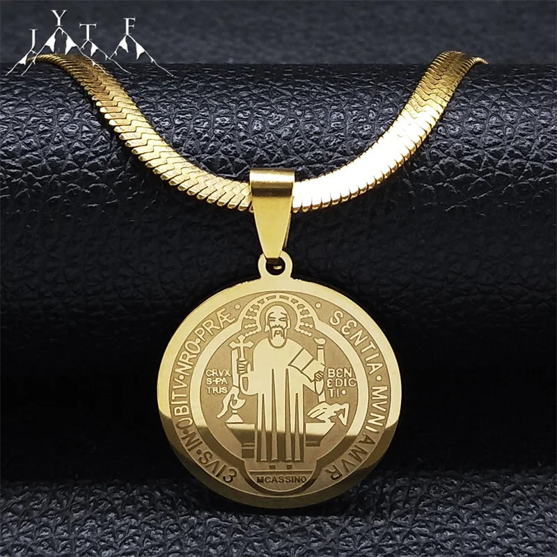 Colar Corrente com Pingente de Medalhão de São Bento em Aço Inoxidável