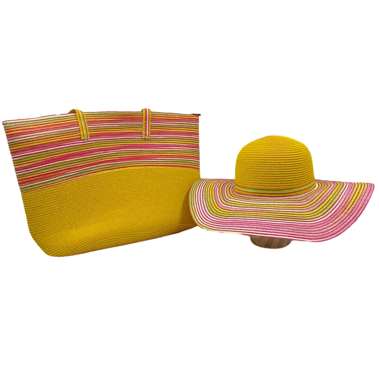 Conjunto de Bolsa e Chapéu de Palha Listrado Colorido Moda Praia