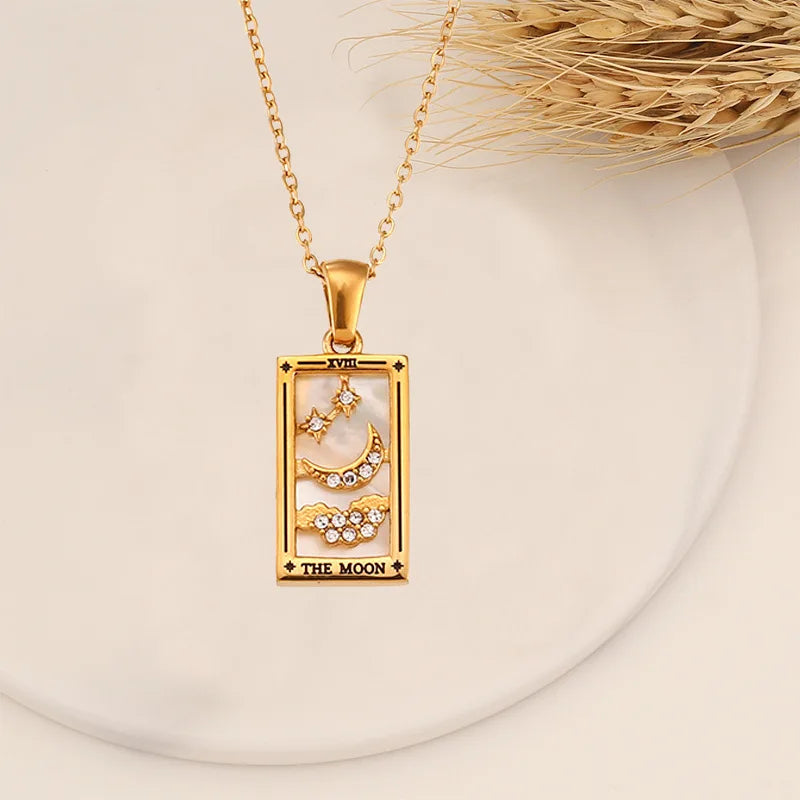Colar Carta de Tarô Zircônia Aço Inoxidável Dourado