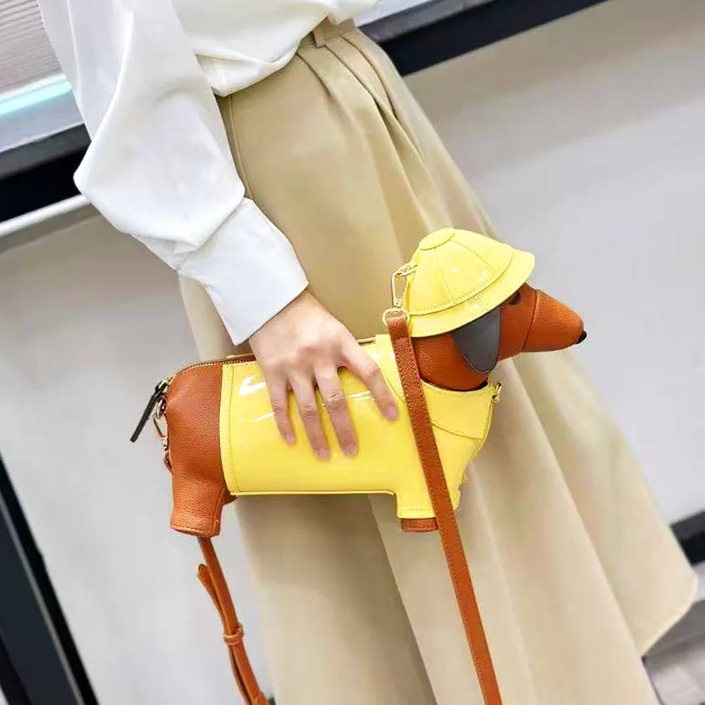 Bolsa Dachshund 3D com Chapéu em Couro PU