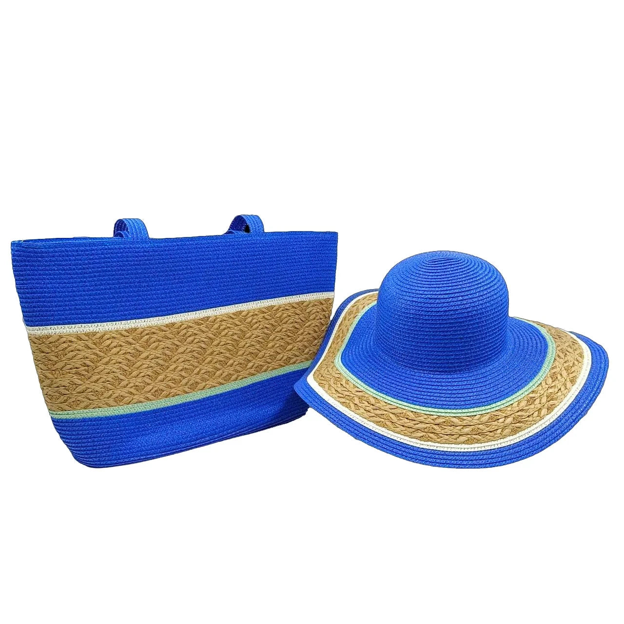 Conjunto de Bolsa e Chapéu de Palha Listrado Colorido Moda Praia