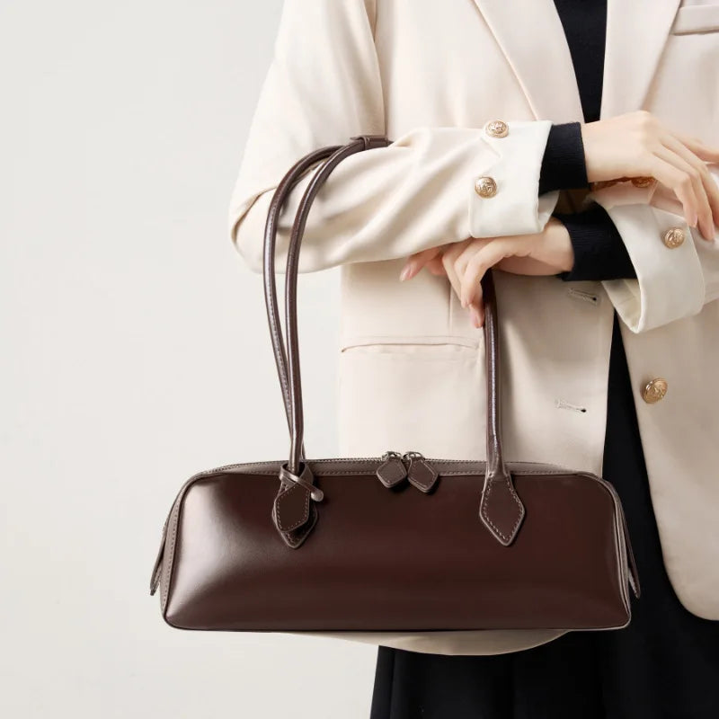 Bolsa Baguette Couro Legítimo Vintage com Alça Longa