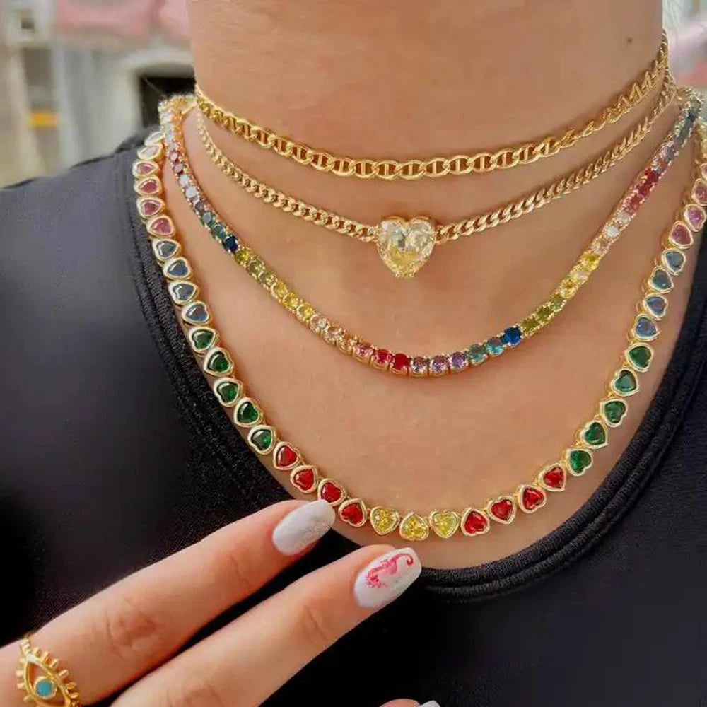 Colar, Pulseira ou Conjunto Riviera de Coração Colorido Zircônia