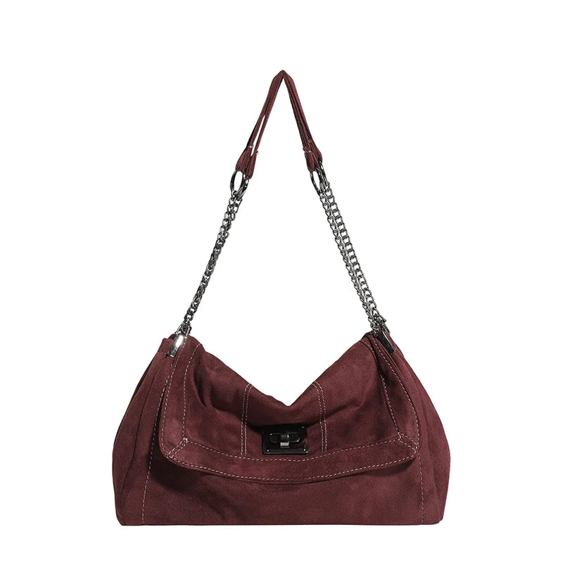Bolsa Hobo Camurça com Corrente Prateada Grande Capacidade