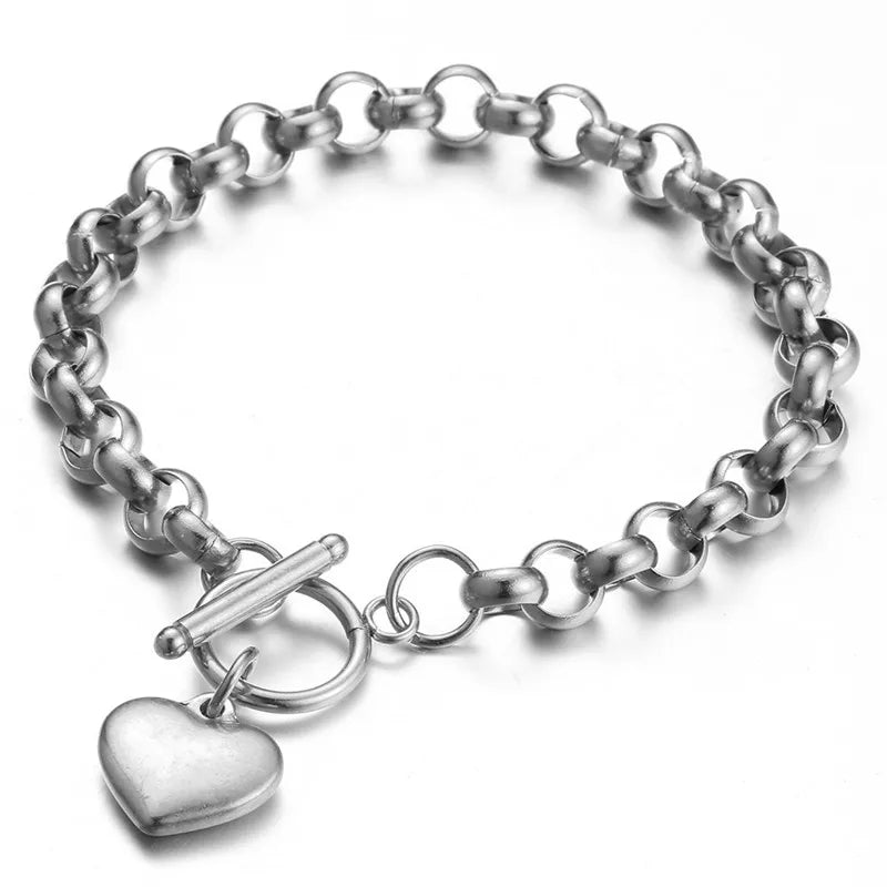 Corrente e Pulseira de Coração em Aço Inoxidável Titânio