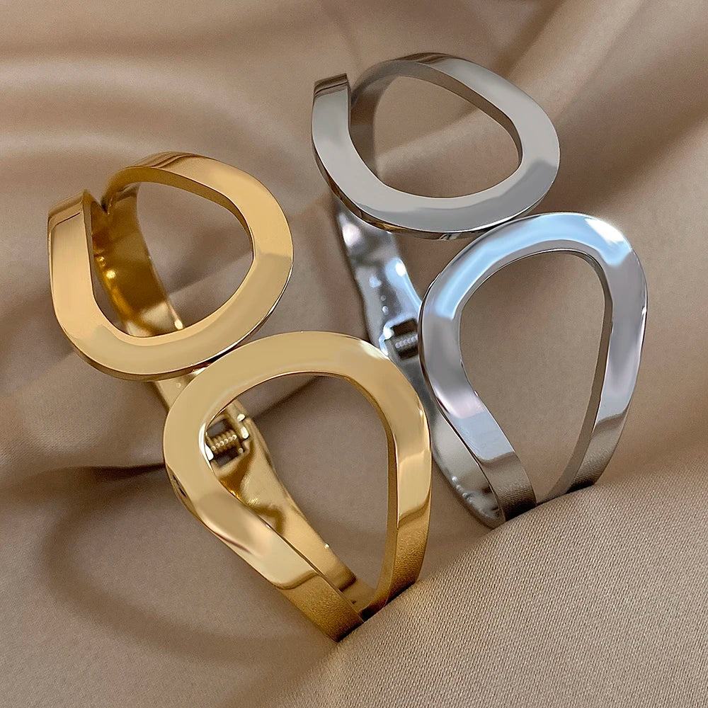 Bracelete Geométrico Wide Glam em Aço Inoxidável