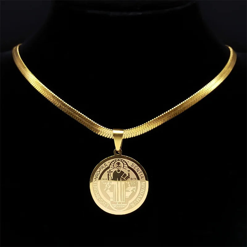 Colar Corrente com Pingente de Medalhão de São Bento em Aço Inoxidável