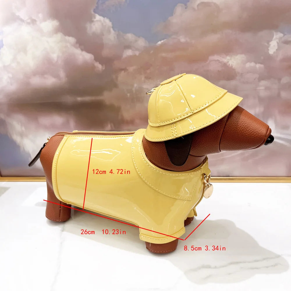 Bolsa Dachshund 3D com Chapéu em Couro PU