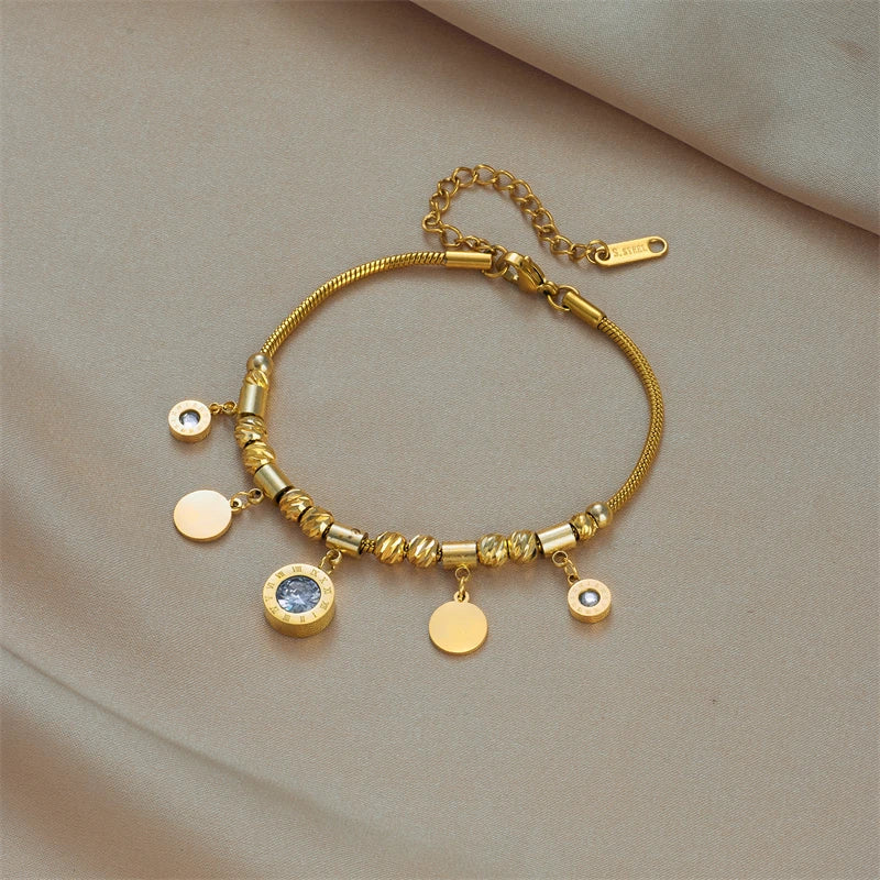Colar, Pulseira ou Conjunto de Zircônia, Banho de ouro e Aço Inoxidável com Algarismos Romanos
