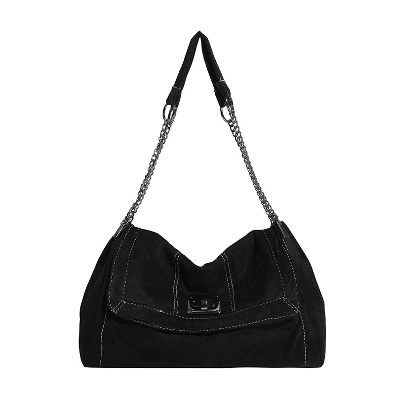 Bolsa Hobo Camurça com Corrente Prateada Grande Capacidade